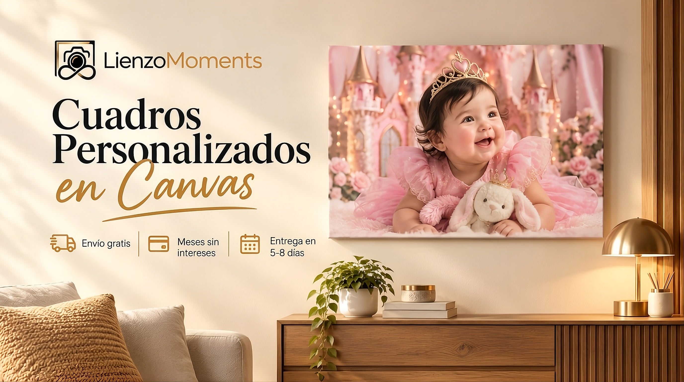 Cuadros personalizados en canvas: envío gratis, meses sin intereses y entrega en 5 a 8 días. Cuadro de una bebé vestida de princesa frente a un castillo rosa, colgado en la sala