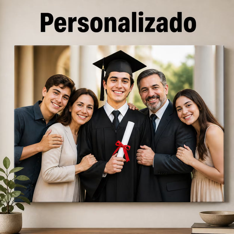Cuadro de una familia completa el día de la graduación, colgado en la pared de la sala