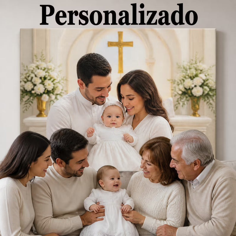 Cuadro de tres generaciones de una familia el día de un bautizo, colgado sobre el mueble de la sala
