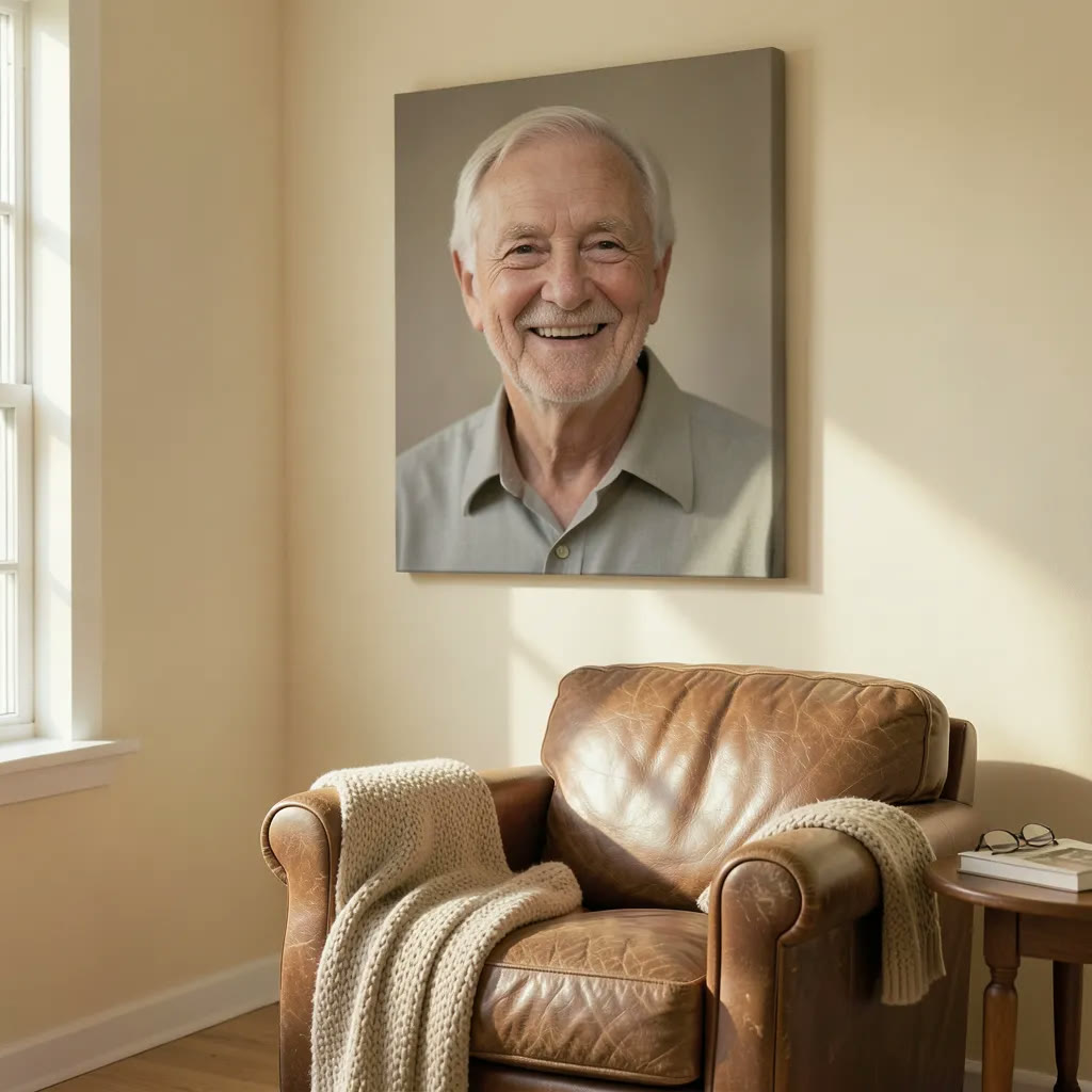 Cuadro en memoria de un abuelo, con su retrato impreso en lienzo