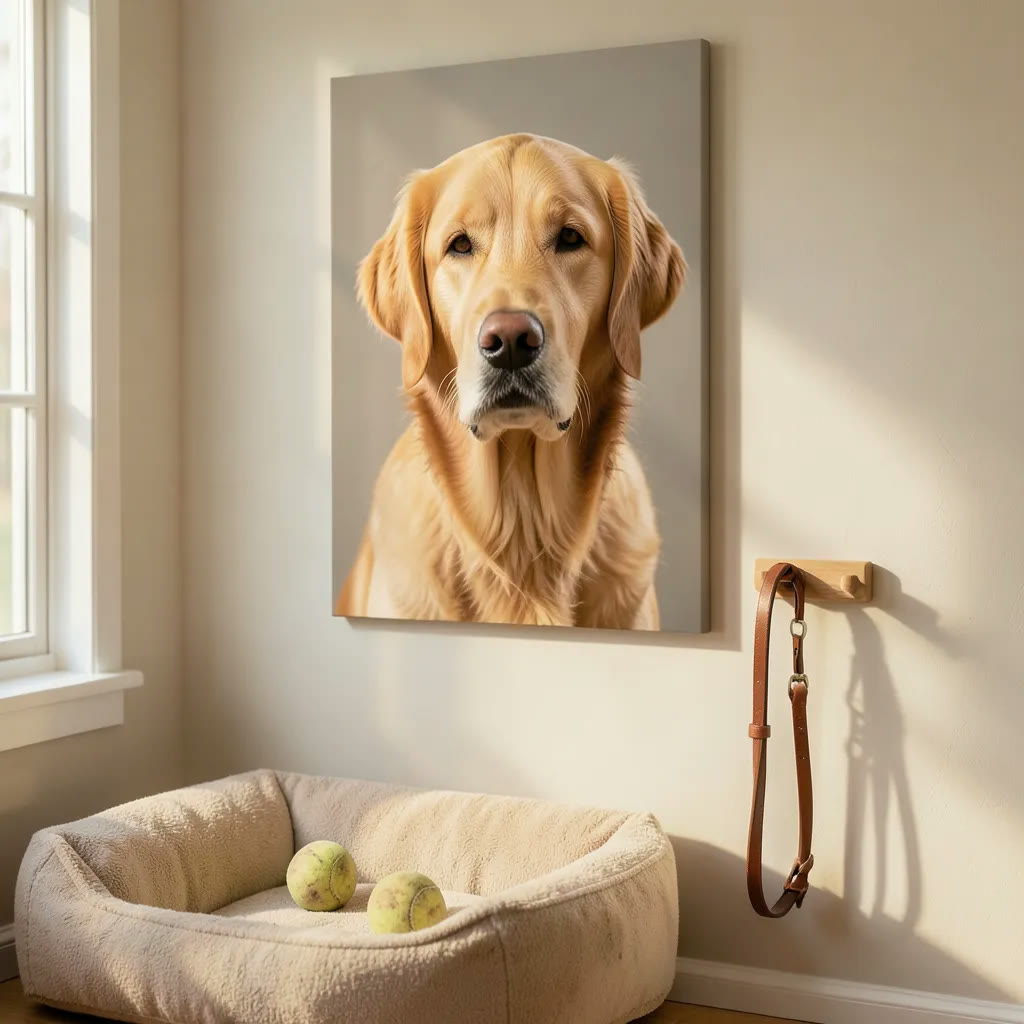 Cuadro en memoria de un perro, con su foto impresa en lienzo y colgada en casa