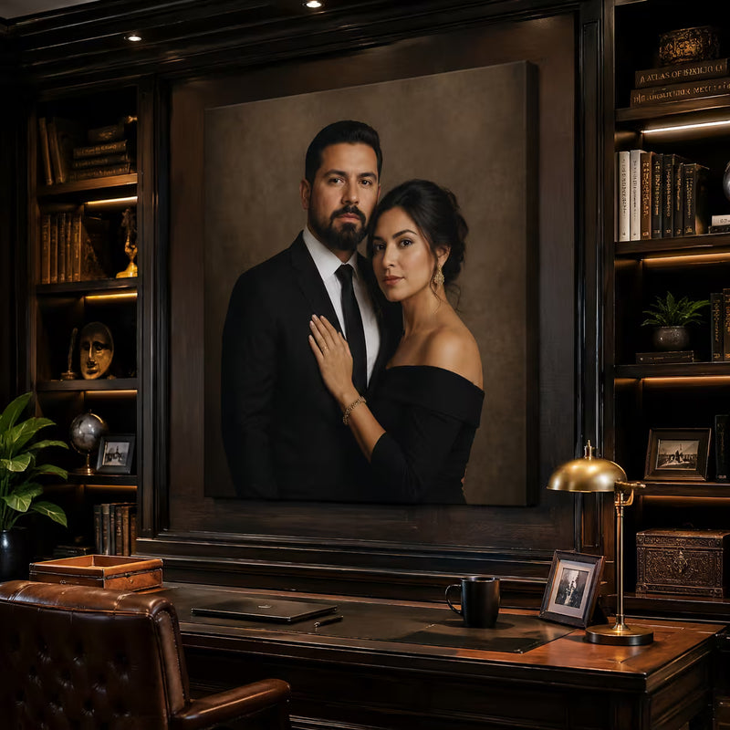 Cuadro de una pareja elegante colgado sobre la cabecera de una recámara