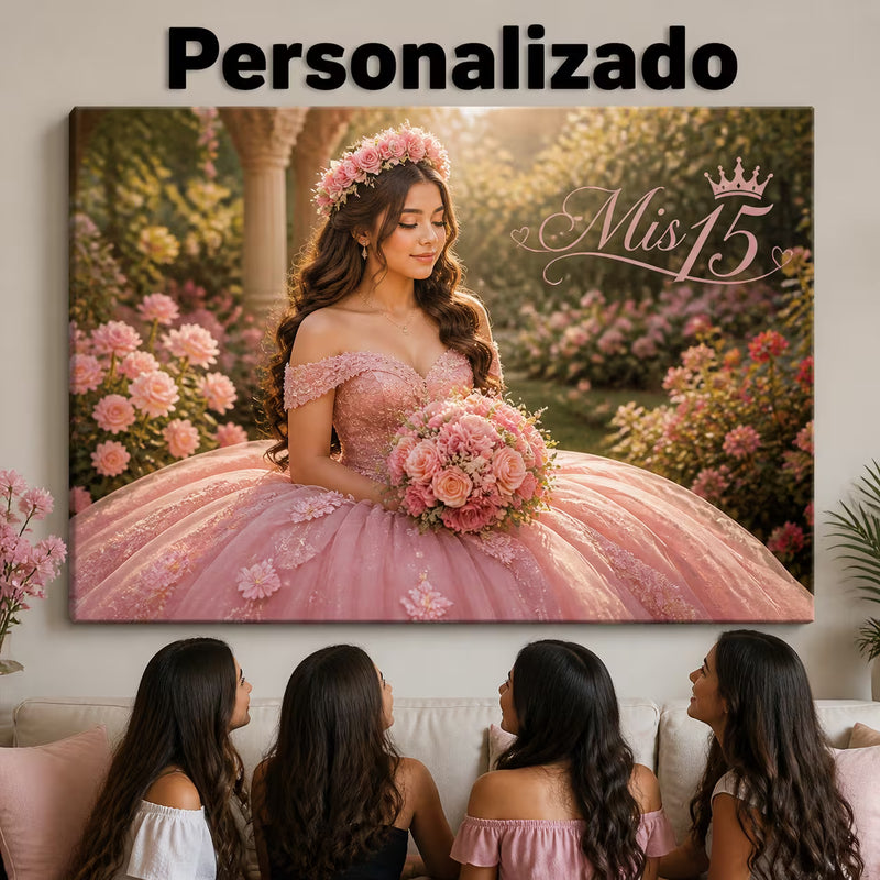 Cuadro de una quinceañera con su vestido de gala, colgado en la pared del salón