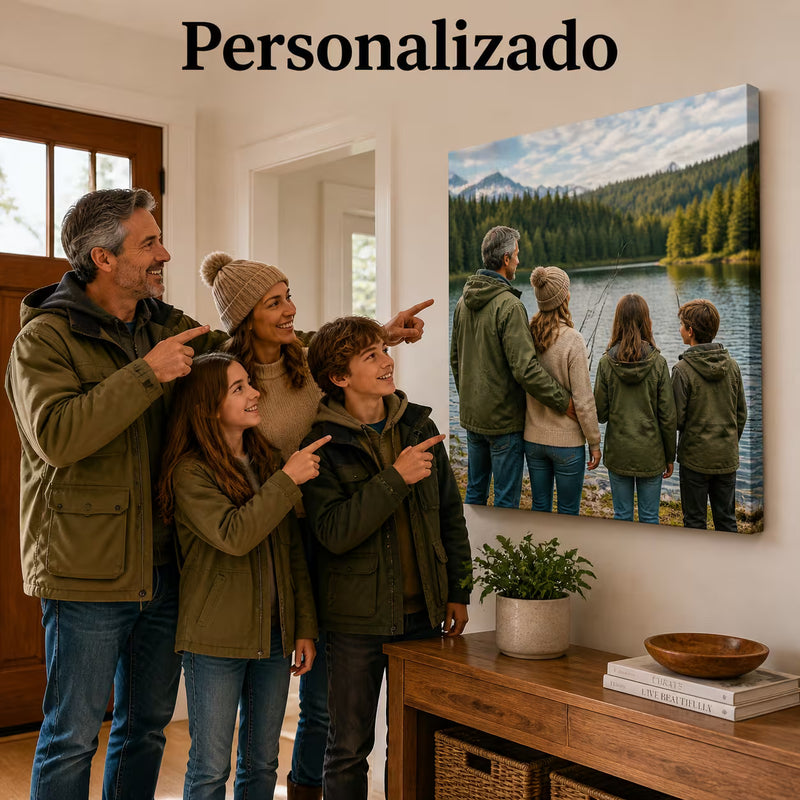 Una familia señala emocionada el cuadro con su propia foto colgado en la pared