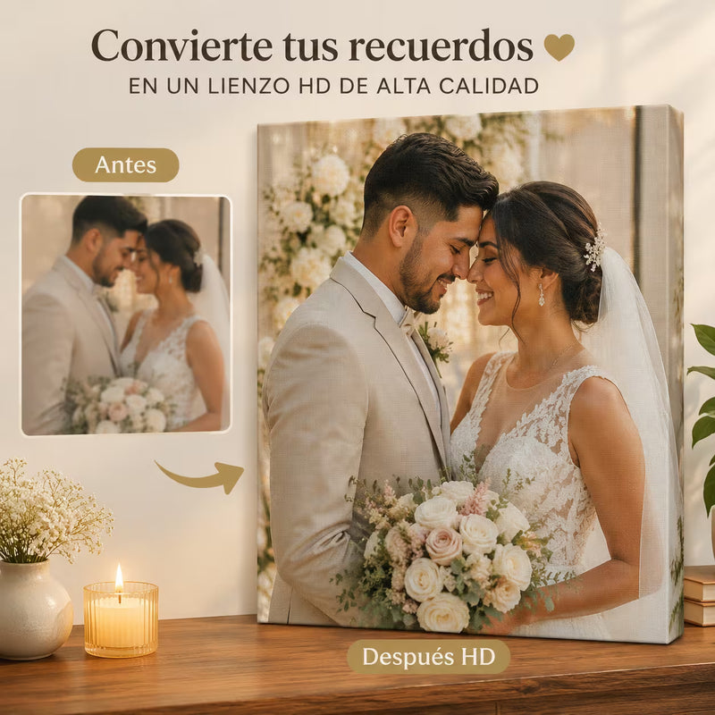La foto de una pareja de boda, antes en el celular y después impresa en lienzo