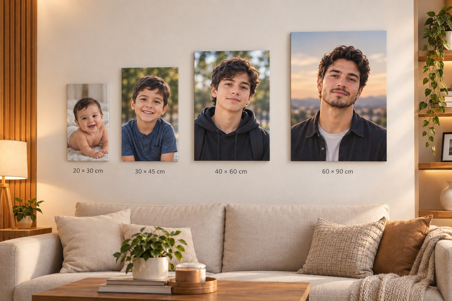 Cuatro cuadros de la misma persona colgados en una sala: bebé, niño, adolescente y adulto, en 20×30, 30×45, 40×60 y 60×90 cm