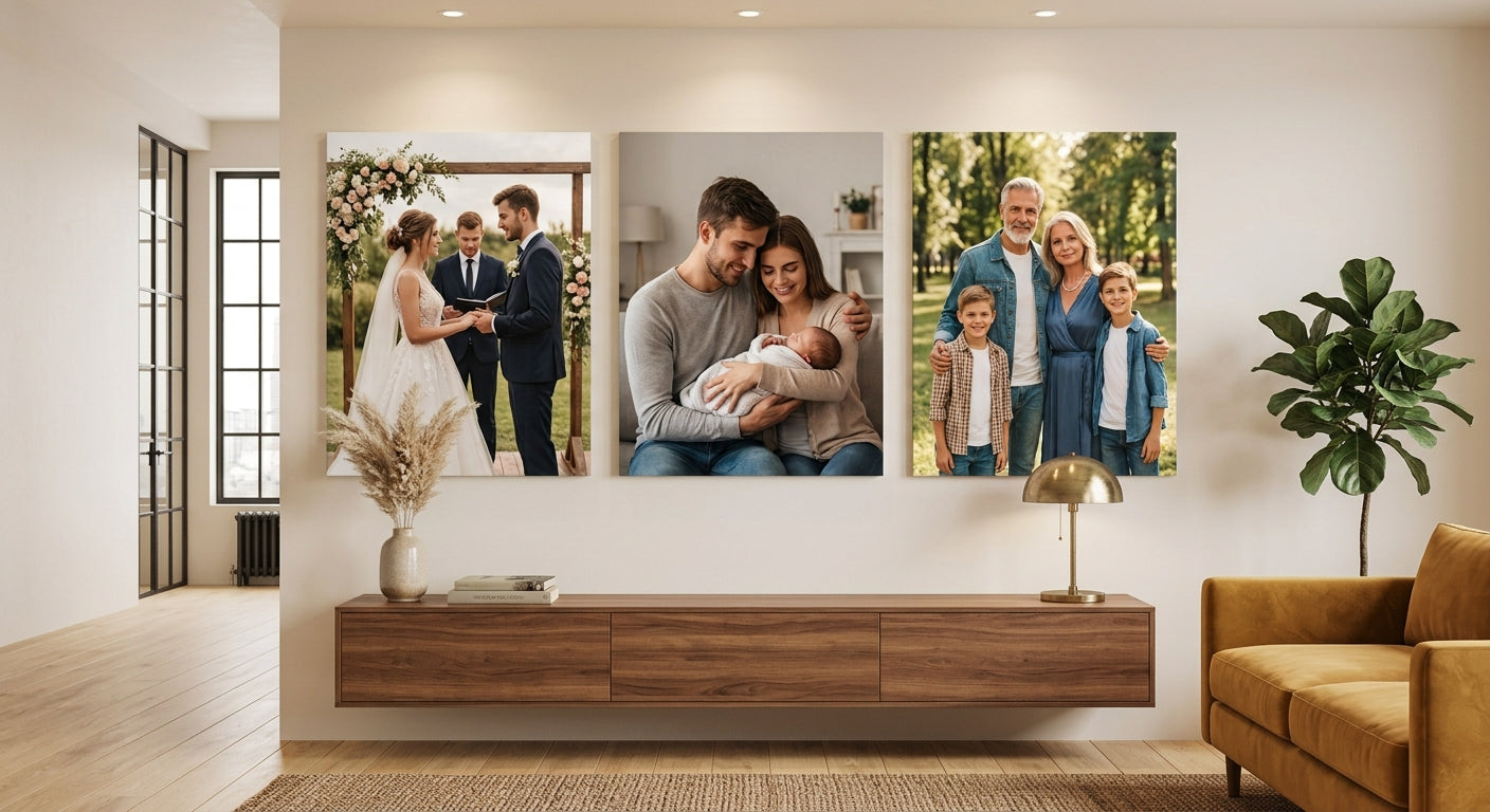 Tres cuadros en una sala: la boda, la llegada del primer hijo y la familia de hoy