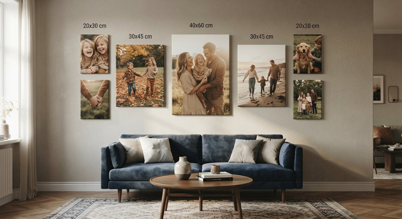 Combo Sala Completa: siete cuadros de tres tamaños distintos montados juntos en la pared de una sala