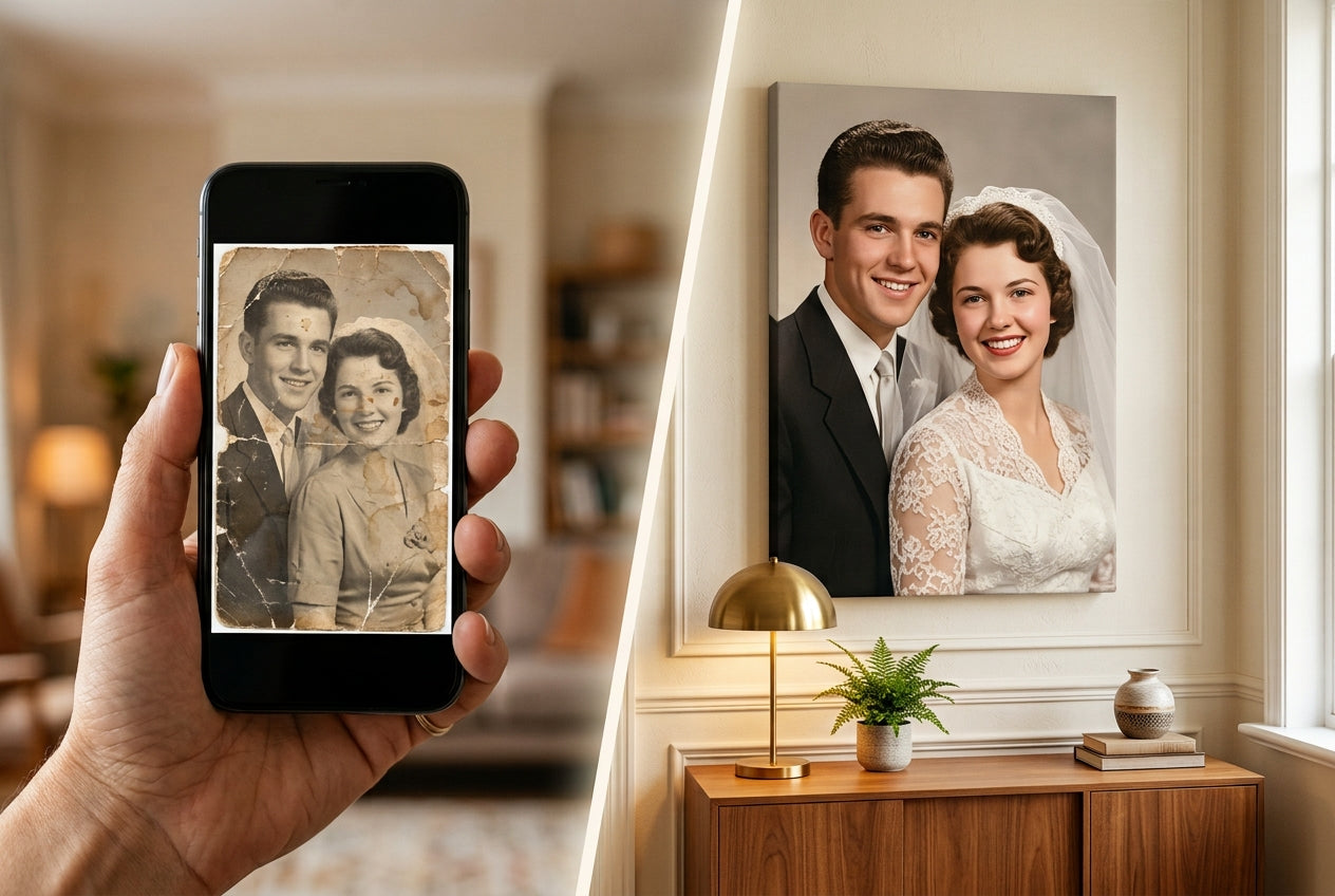 Una foto antigua y estropeada junto a su versión restaurada y coloreada, impresa en lienzo